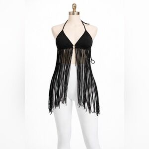 Black Fringe Faux Suede Festival Top Size S Boho Halter Fringe Statement Piece